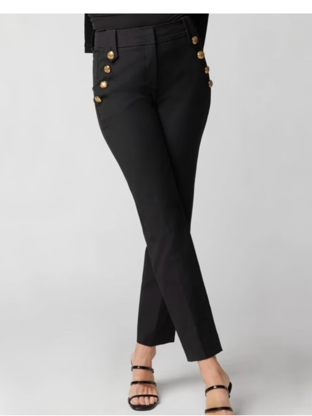 White House Black Market Black Ankle Sailor Pants with Gold Buttons